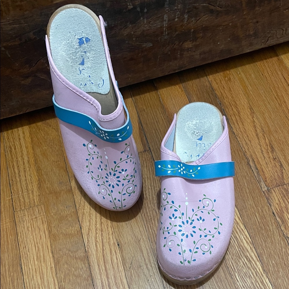 Pink Clogs with Blue Strap and Floral Design